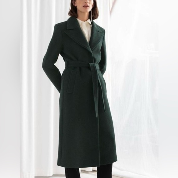 & Other Stories Belted Wool Herringbone Green Coat - Picture 2 of 6